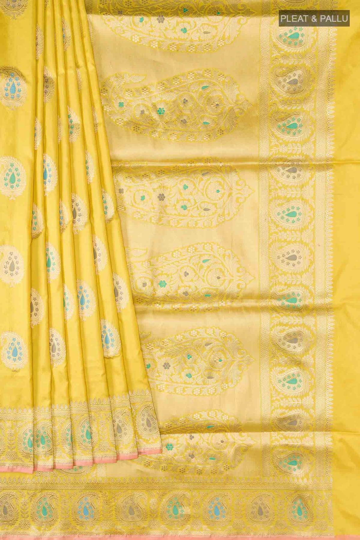 Pleats and pallu of Yellow Banarasi Silk Saree with Zari Butta on the body and Zari Border