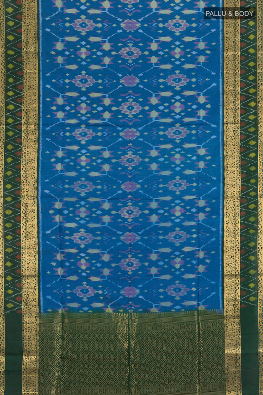 Flat view of Light Blue Soft Silk Saree with Ikat design on the body and Zari Border. 