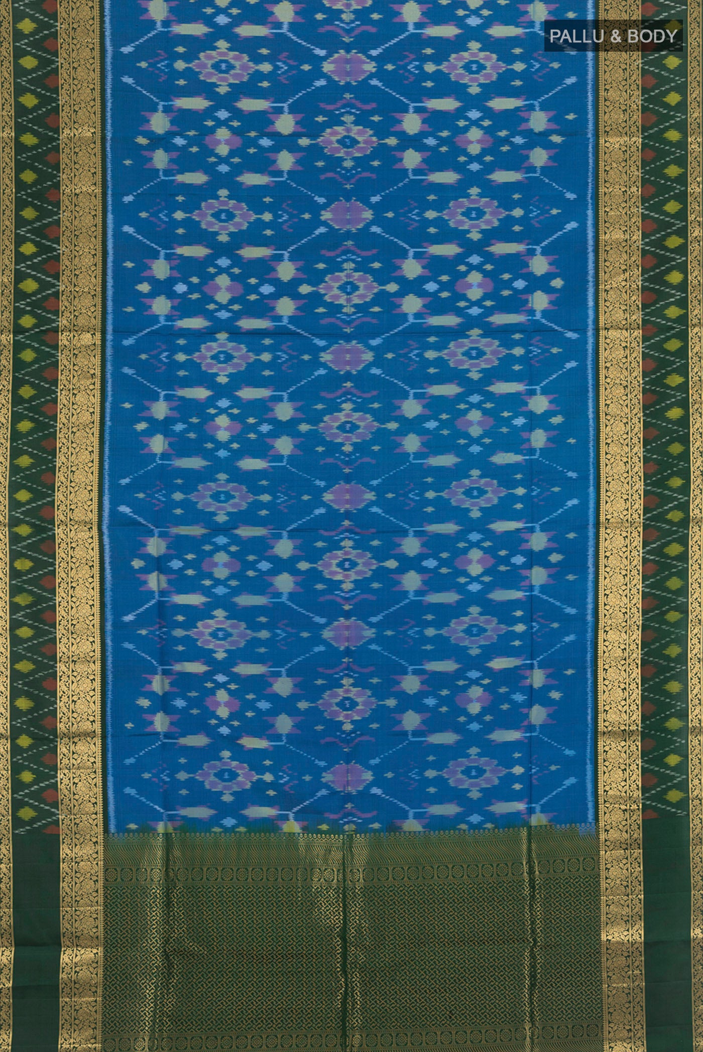 Flat view of Light Blue Soft Silk Saree with Ikat design on the body and Zari Border. 