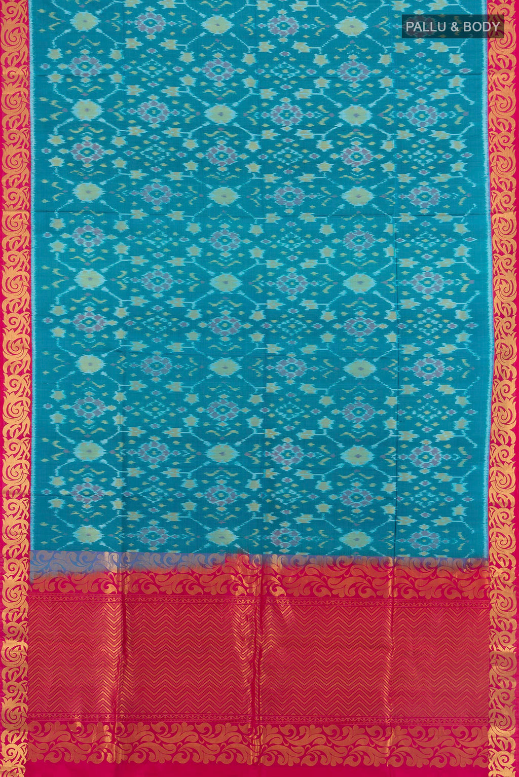 Flat view of Pure Silk Light Blue Soft Saree with Ikat Print on the body and Zari Border. 
