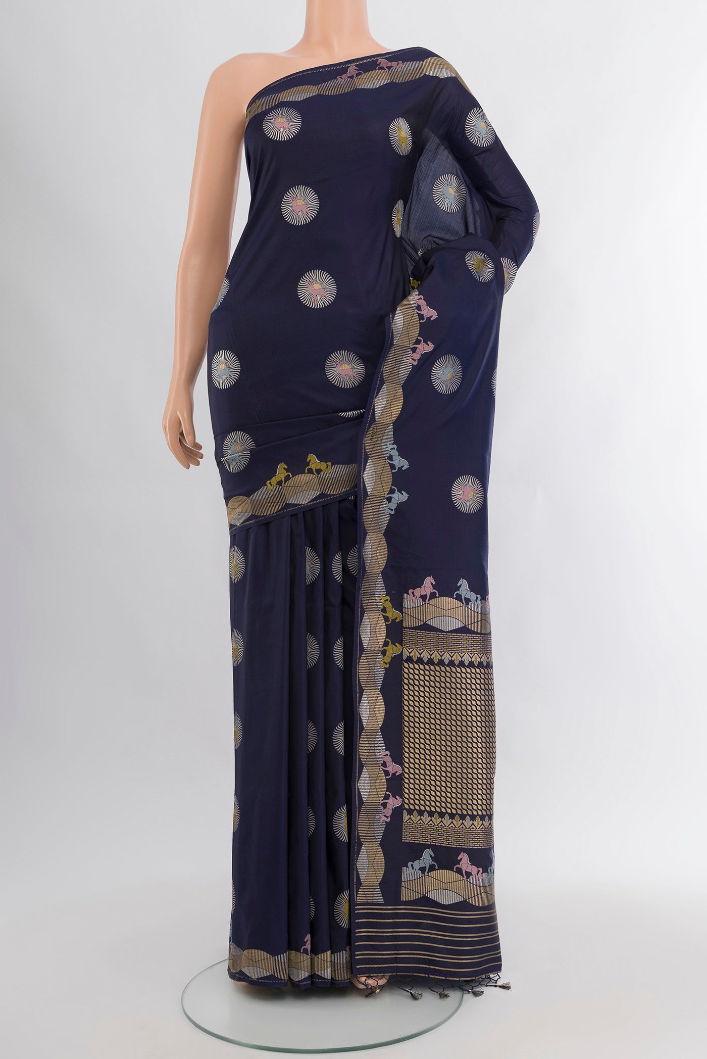 Navy Blue Banarasi Silk Saree with Zari Butta on the body and Zari Border.  displayed on a mannequin