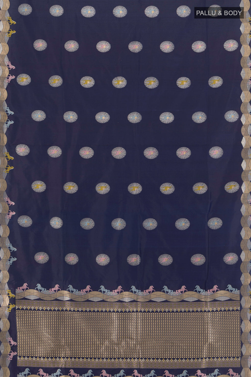 Flat view of Navy Blue Banarasi Silk Saree with Zari Butta on the body and Zari Border. 