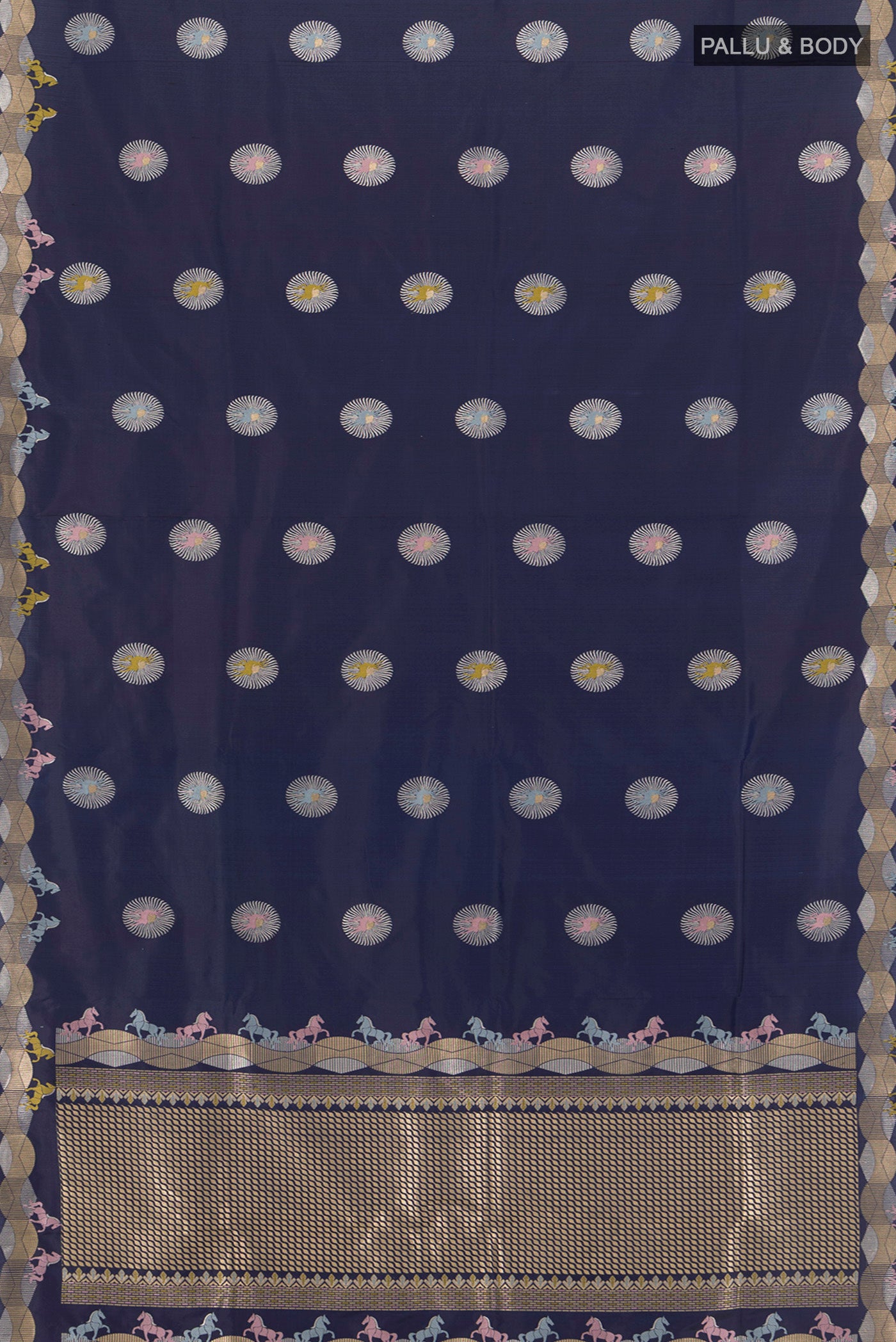 Flat view of Navy Blue Banarasi Silk Saree with Zari Butta on the body and Zari Border. 