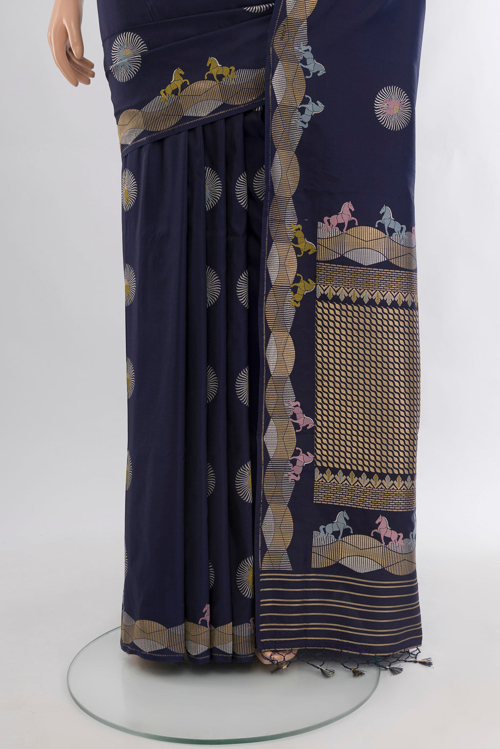 Pleats and pallu of Navy Blue Banarasi Silk Saree with Zari Butta on the body and Zari Border. 