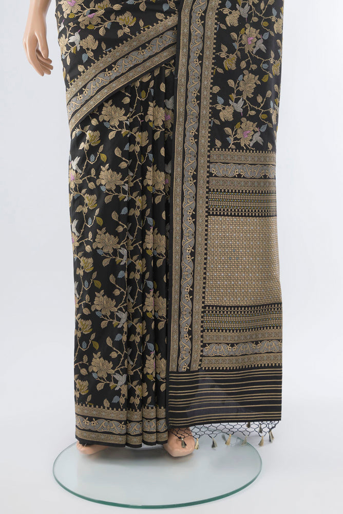 Pleats and pallu of Black Banarasi Katan Silk Saree with Zari Butta on the body and Silk Border. 