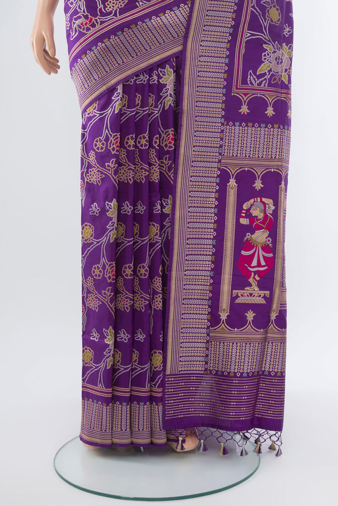 Pleats and pallu of Violet Banarasi Katan Silk Saree with Zari Butta on the body and Silk Border. 