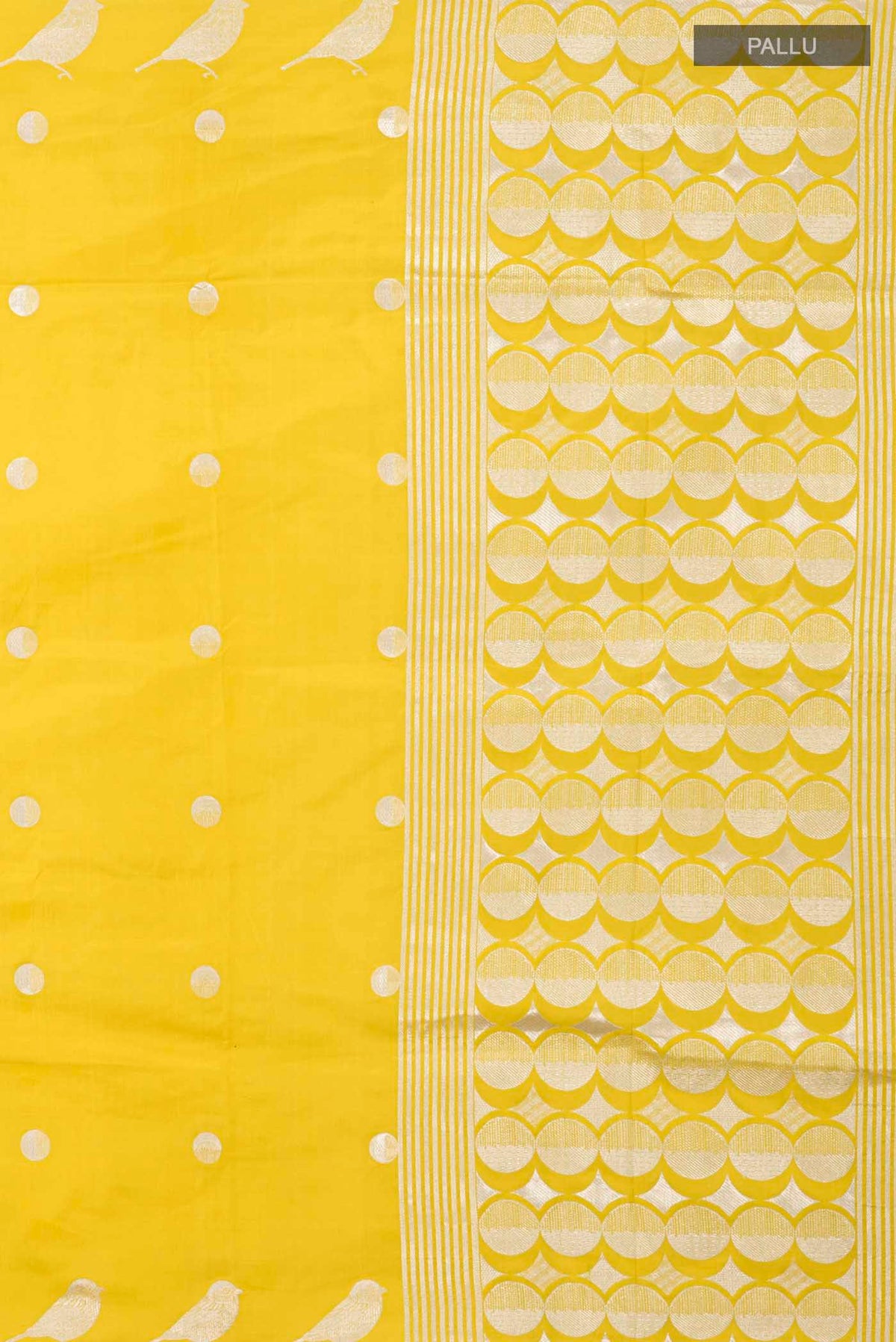 Close up image of the pallu of Yellow Banarasi Silk Saree with Zari Butta on the body and Zari Border