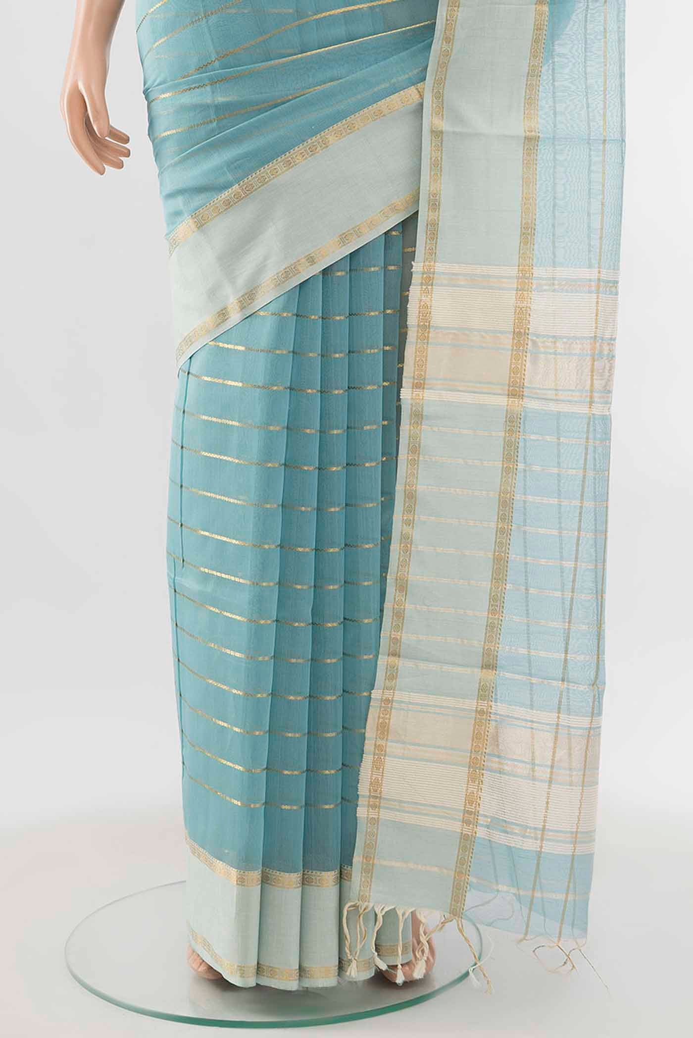 Pleats and pallu of Sky Blue Art Silk Saree with Zari Butta on the body and Silk Border