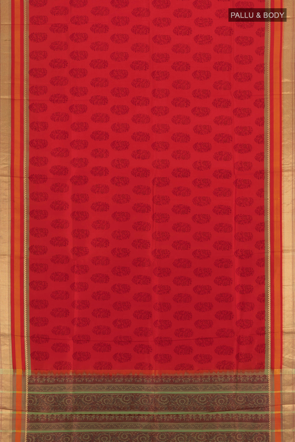 Flat view of Red Printed Silk Saree with Floral Print on the body and Zari Border. 