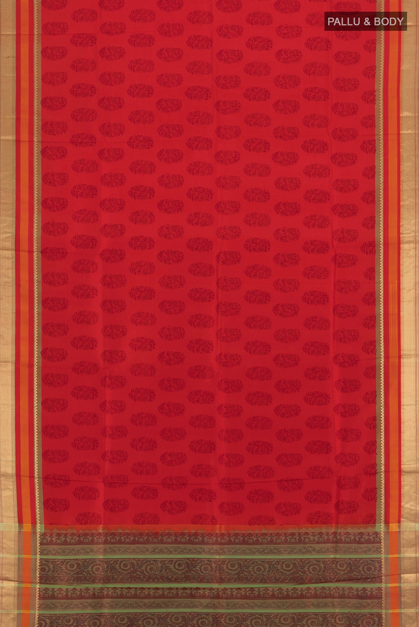 Flat view of Red Printed Silk Saree with Floral Print on the body and Zari Border. 