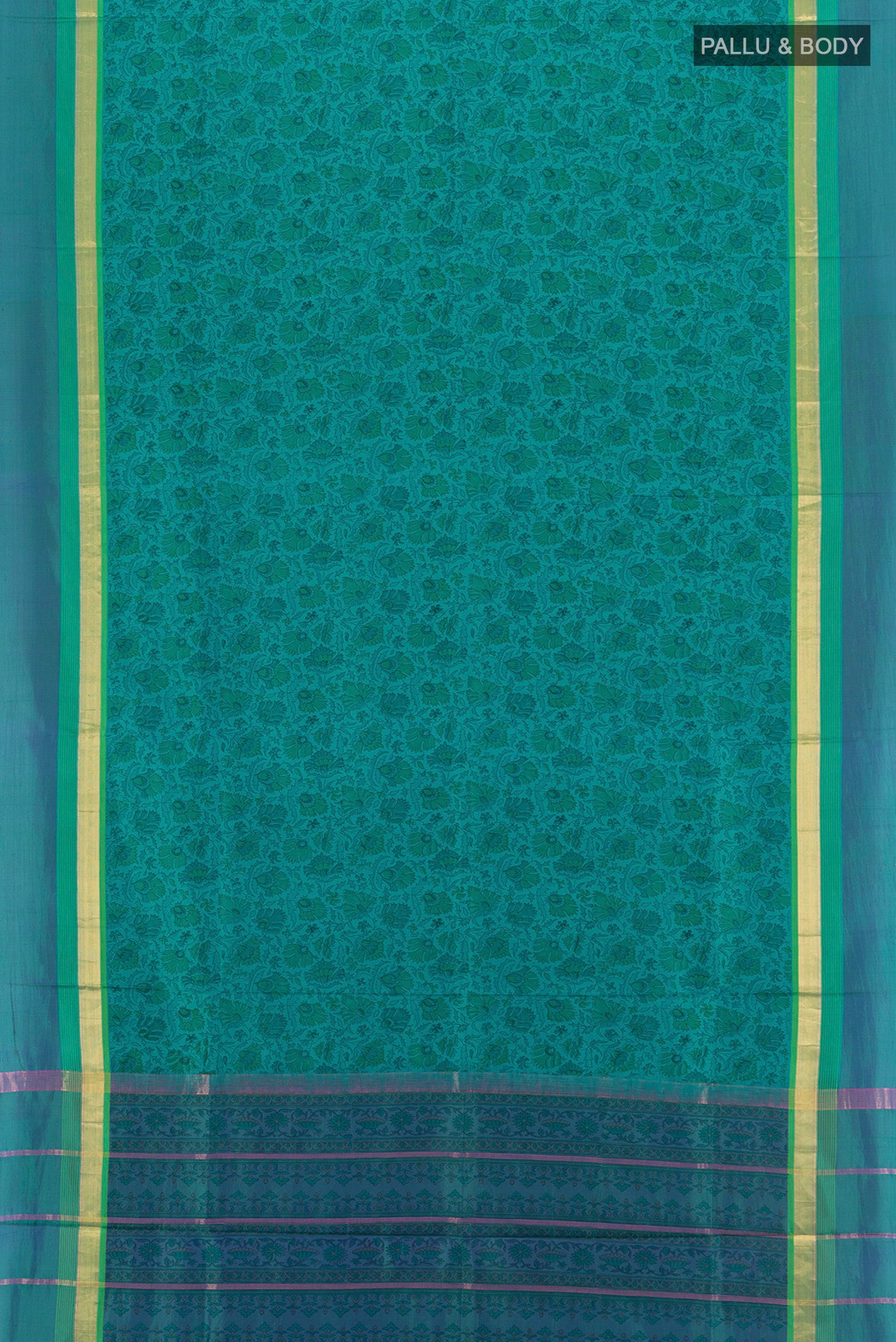 Flat view of Peacock Blue Printed Silk Saree with Floral Print on the body and Zari Border. 