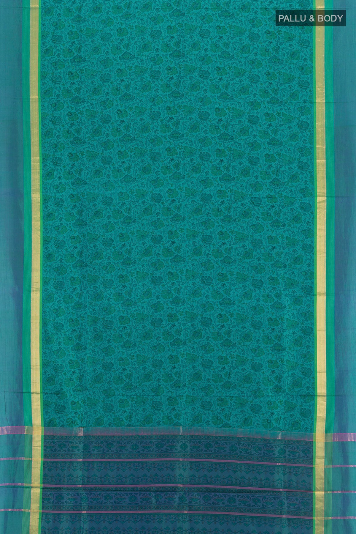 Flat view of Peacock Blue Printed Silk Saree with Floral Print on the body and Zari Border. 