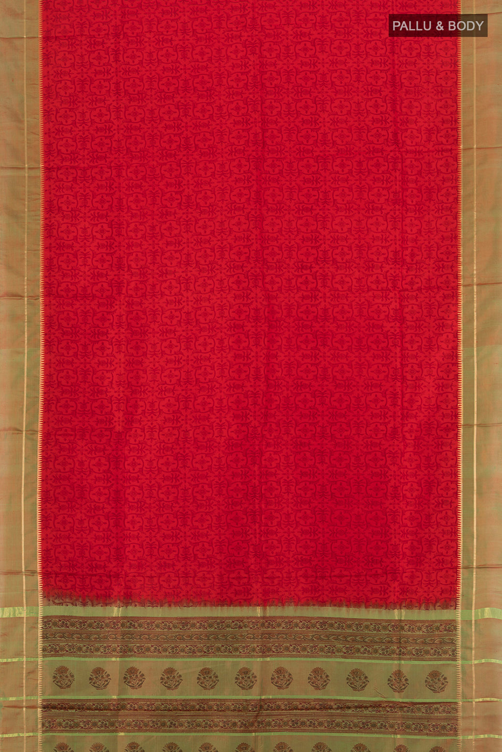 Flat view of Red Printed Silk Saree with Floral Print on the body and Zari Border. 