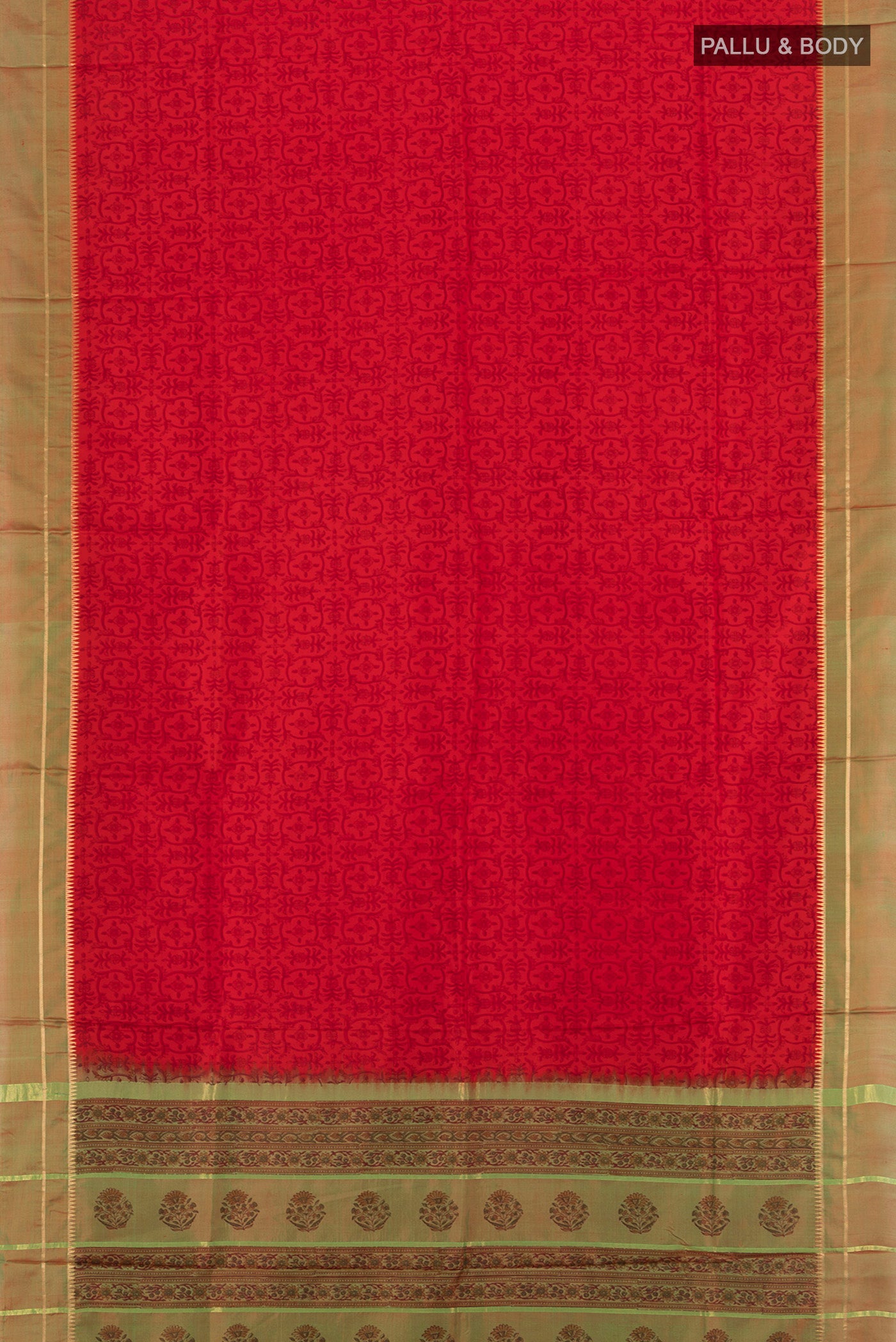 Flat view of Red Printed Silk Saree with Floral Print on the body and Zari Border. 