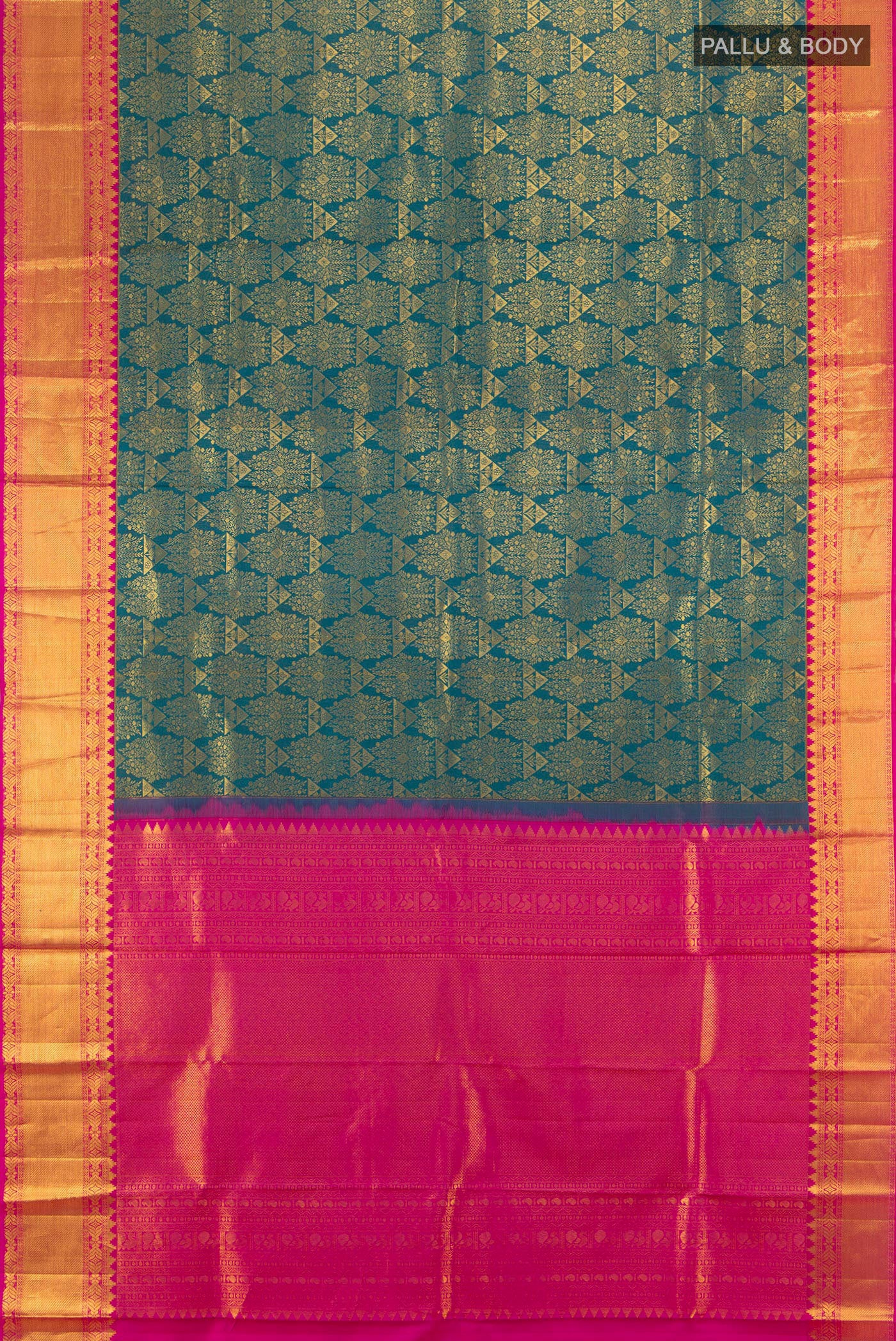 Flat view of Peacock Blue Kanchipuram Silk Saree with Zari Brocade on the body and Zari Border. 
