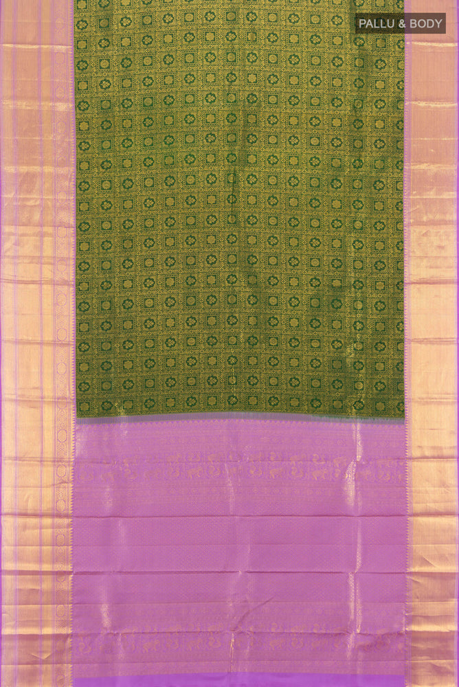 Flat view of Mint Green Kanchipuram Silk Saree with Zari Butta on the body and Silk Border. 
