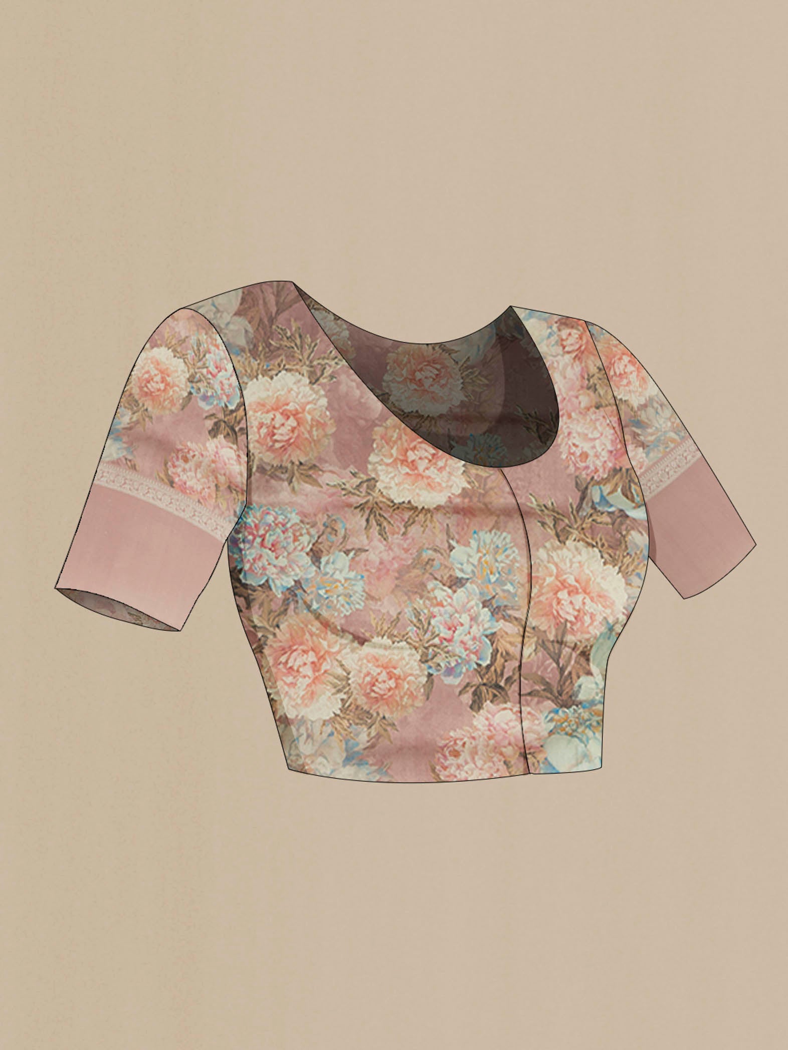 Close up image of the blouse of Pure Silk Pure Zari Peach Printed Saree with Floral Print on the body and Fancy Border