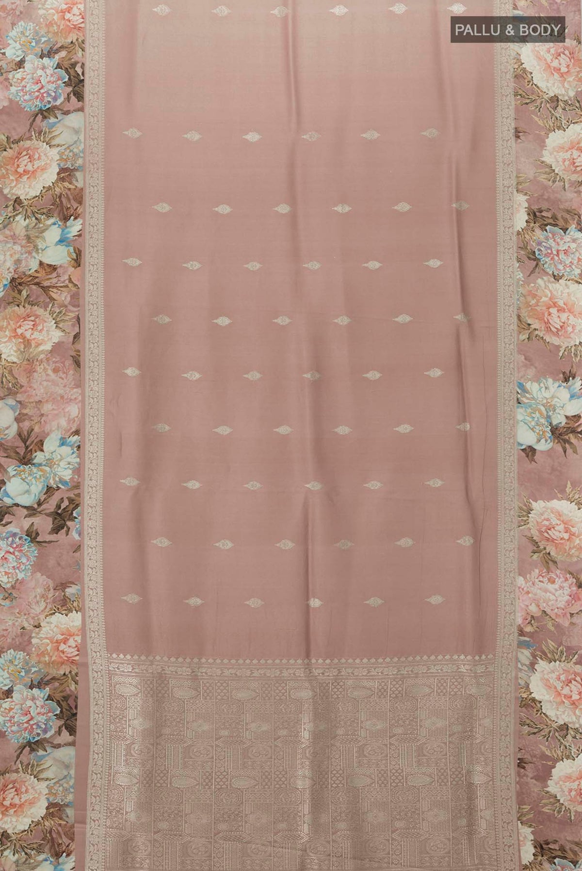Flat view of Pure Silk Pure Zari Peach Printed Saree with Floral Print on the body and Fancy Border