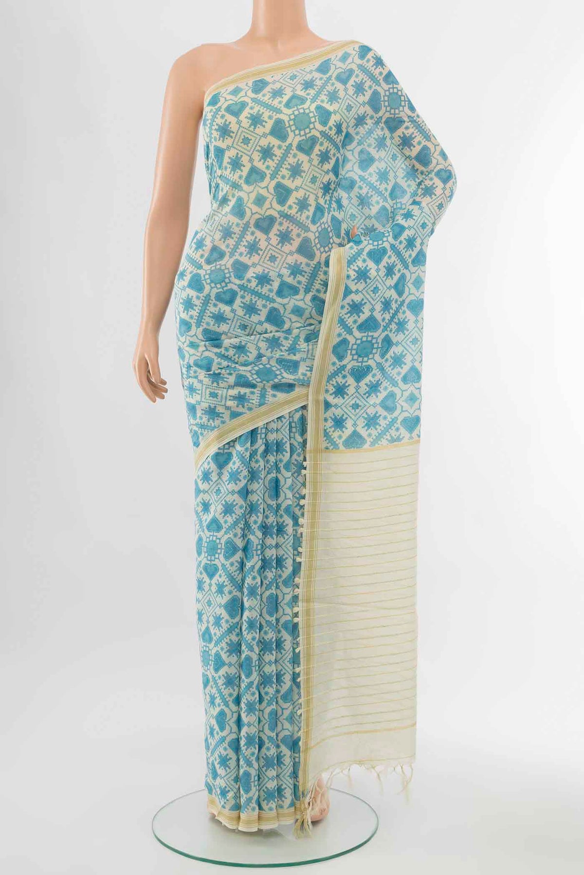 Blue Tussar Silk Saree with Zari Butta on the body and Silk Border displayed on a mannequin