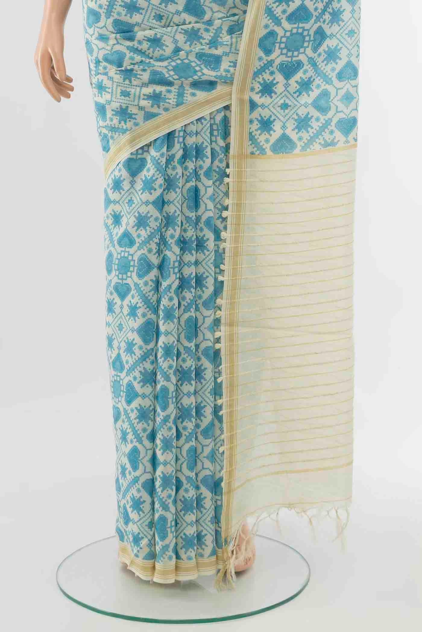 Pleats and pallu of Blue Tussar Silk Saree with Zari Butta on the body and Silk Border