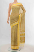Cream Maheshwari Silk Cotton Saree with Zari Butta on the body and Silk Border displayed on a mannequin