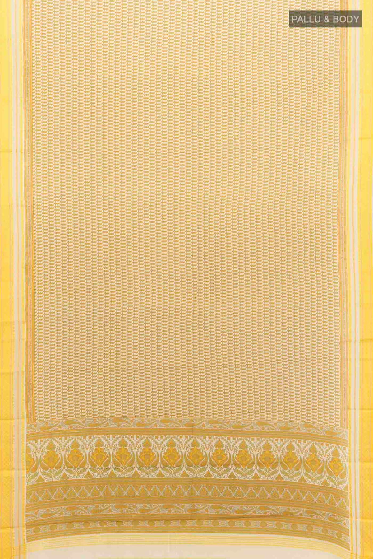 Flat view of Cream Maheshwari Silk Cotton Saree with Zari Butta on the body and Silk Border