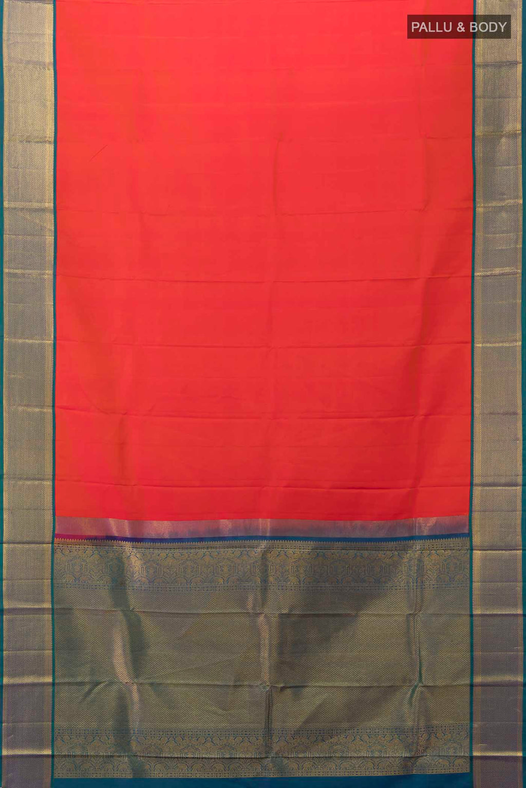 Flat view of Orange Kanchipuram Silk Saree with Zari Butta on the body and Silk Border