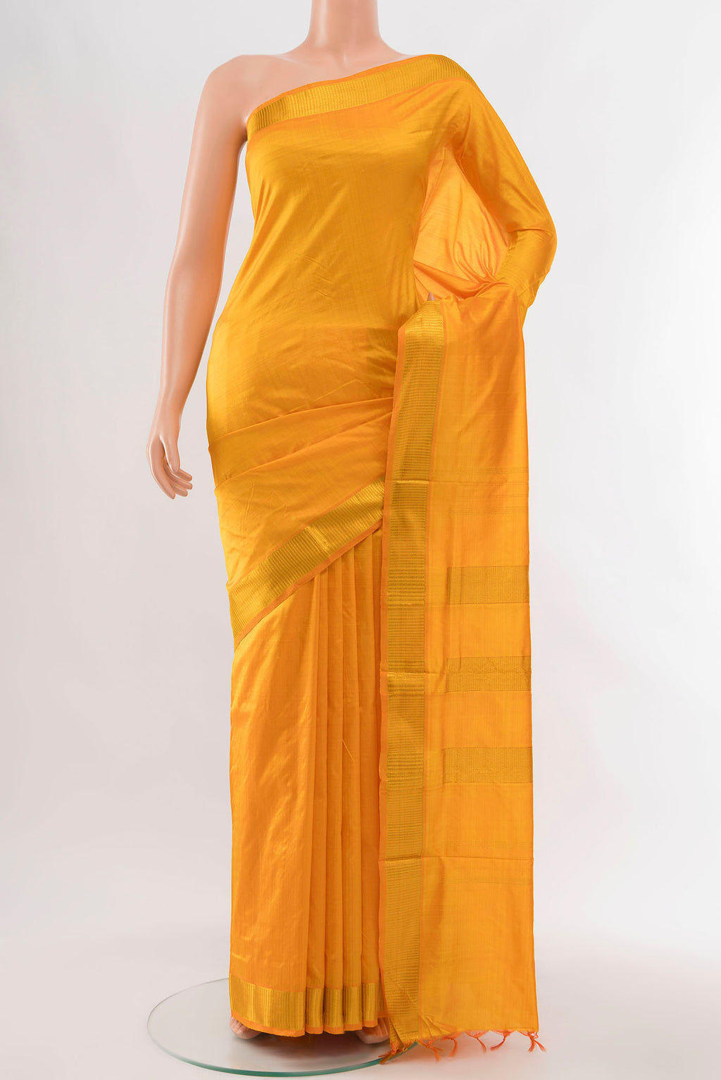 Yellow Kanchipuram Silk Nine Yards Saree with Zari Butta on the body and Silk Border displayed on a mannequin