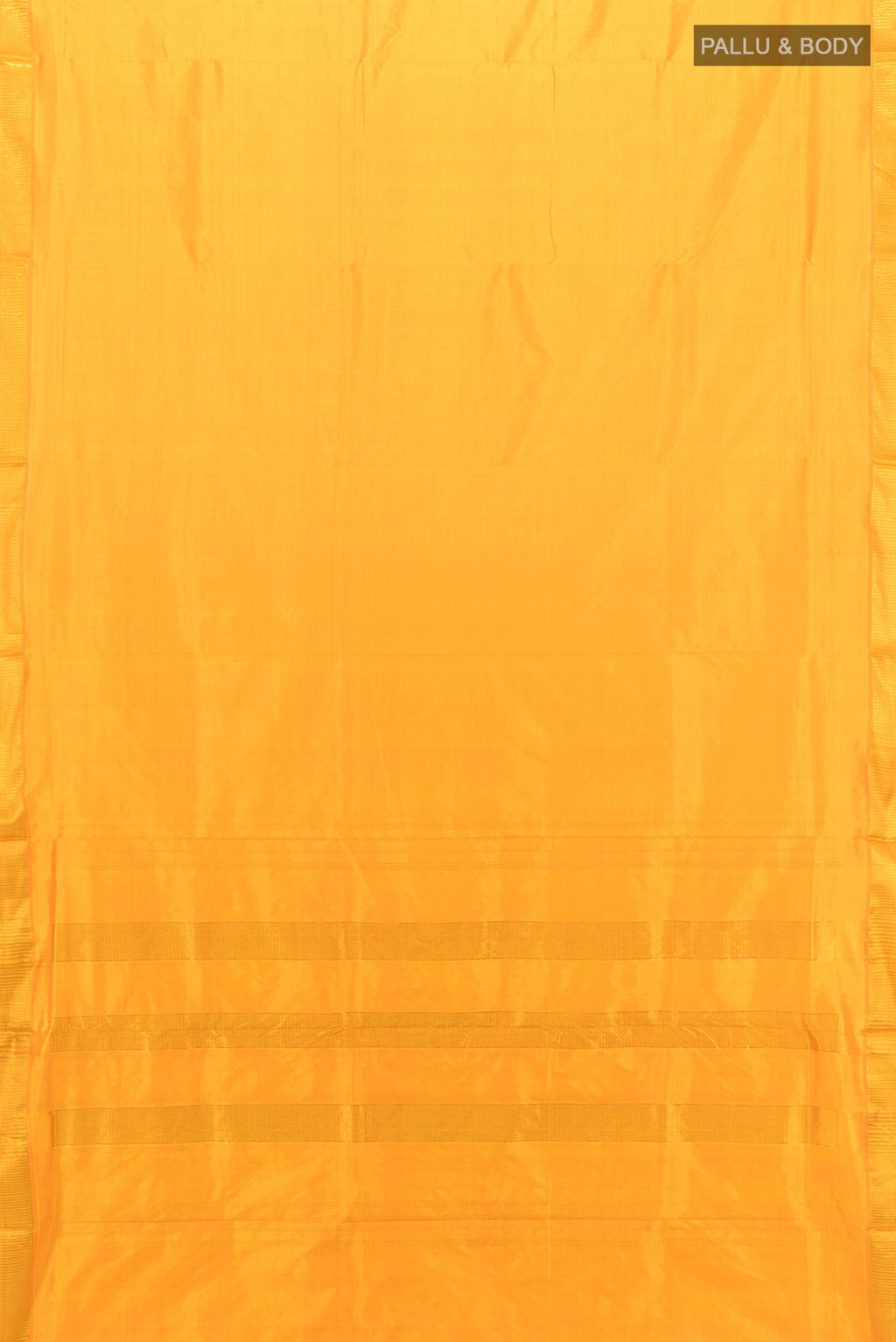 Flat view of Yellow Kanchipuram Silk Nine Yards Saree with Zari Butta on the body and Silk Border