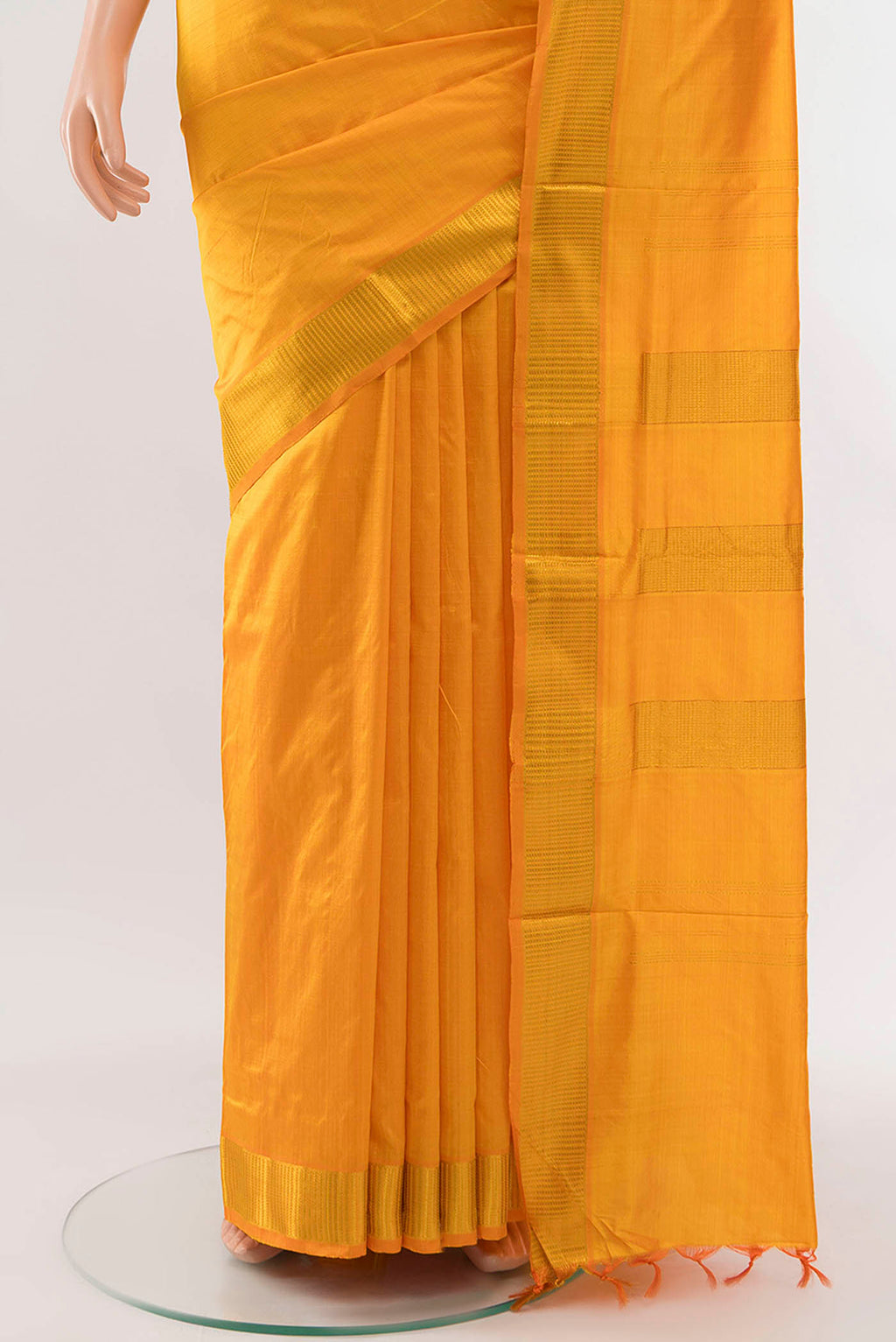 Pleats and pallu of Yellow Kanchipuram Silk Nine Yards Saree with Zari Butta on the body and Silk Border