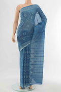 Blue Maheshwari Silk Cotton Saree with Printed design on the body and Printed Border displayed on a mannequin