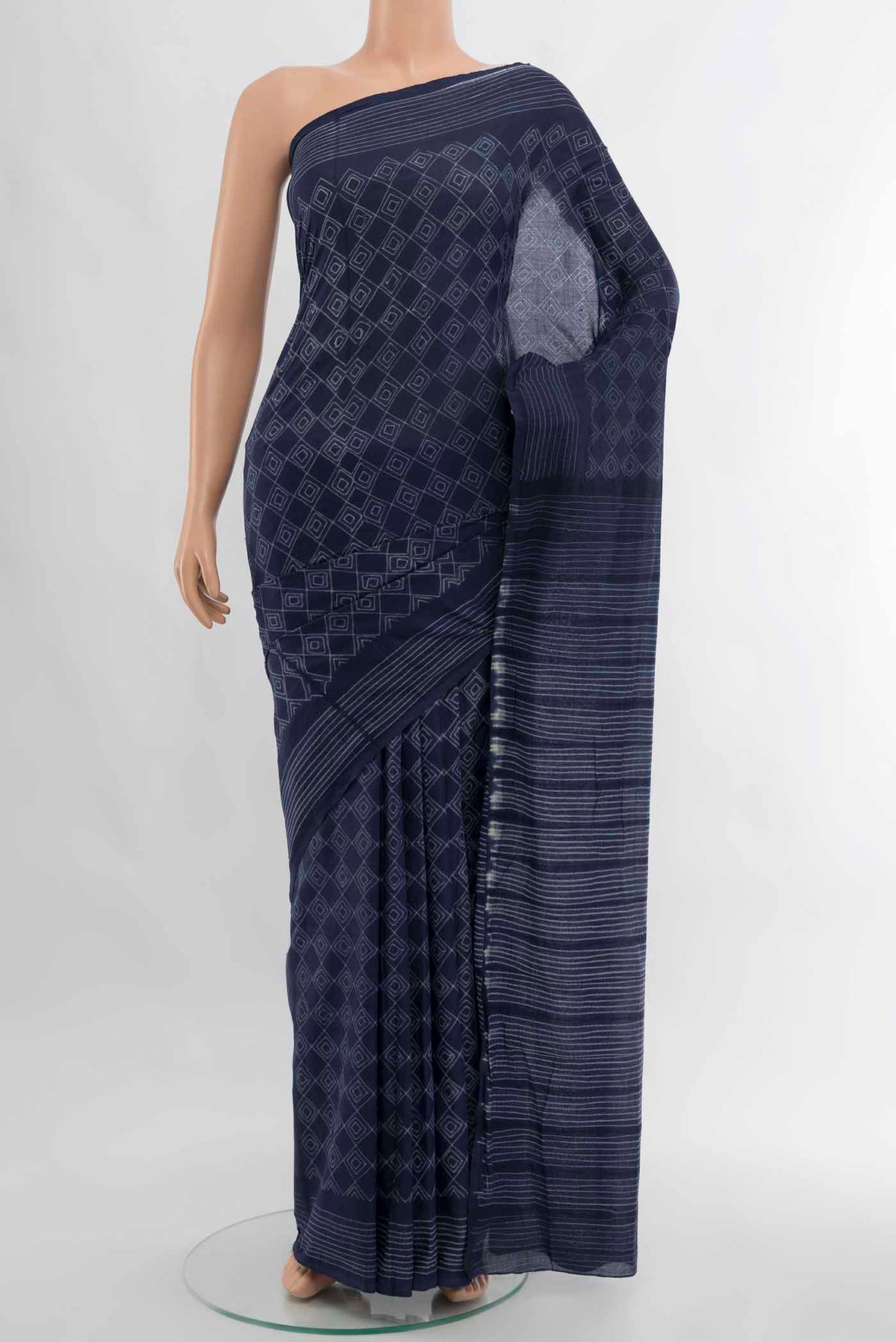 Navy Blue Chanderi Silk Cotton Saree with Printed design on the body and Printed Border displayed on a mannequin