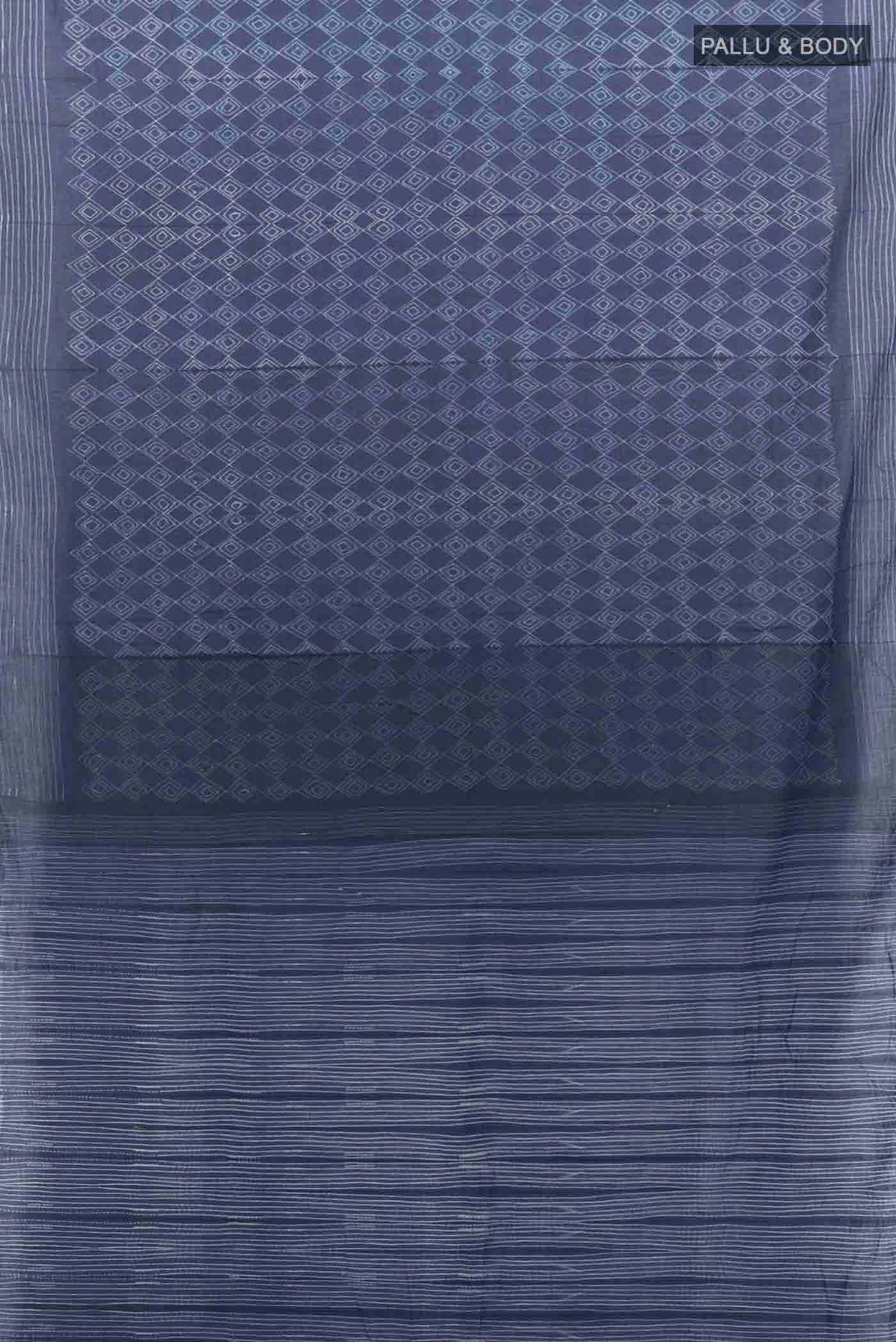 Flat view of Navy Blue Chanderi Silk Cotton Saree with Printed design on the body and Printed Border