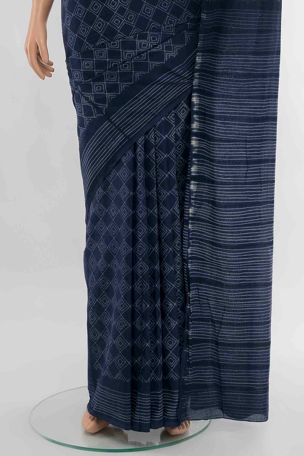 Pleats and pallu of Navy Blue Chanderi Silk Cotton Saree with Printed design on the body and Printed Border