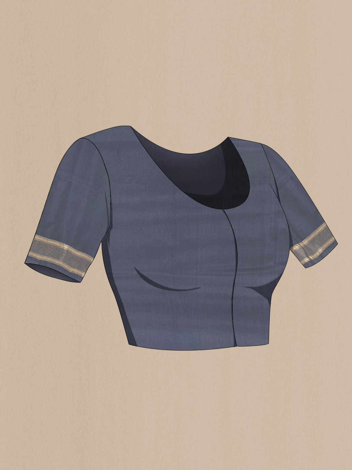 Close up image of the blouse of Grey Banarasi Silk Saree with Zari Butta on the body and Silk Border