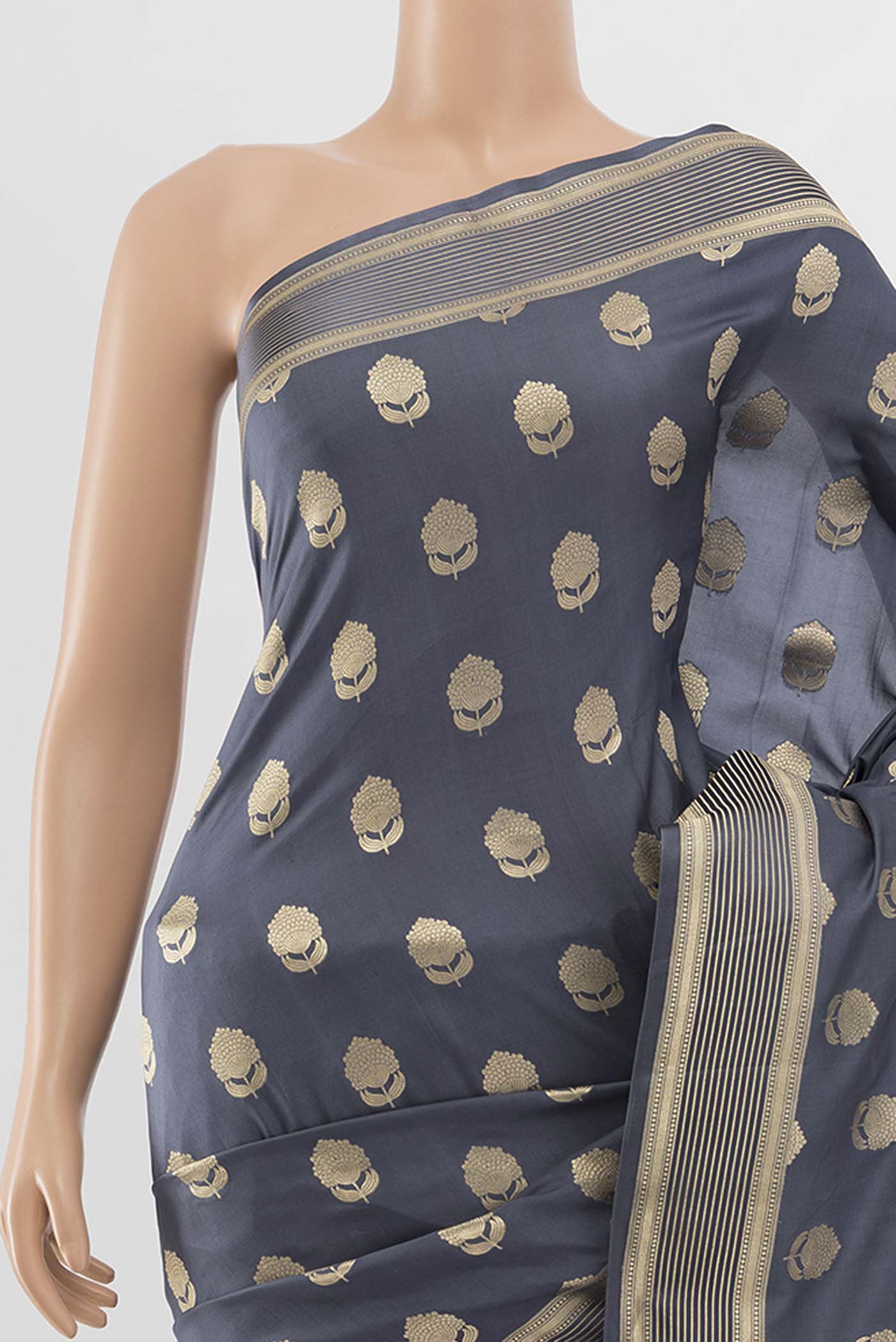 Border image of Grey Banarasi Silk Saree with Zari Butta on the body and Silk Border