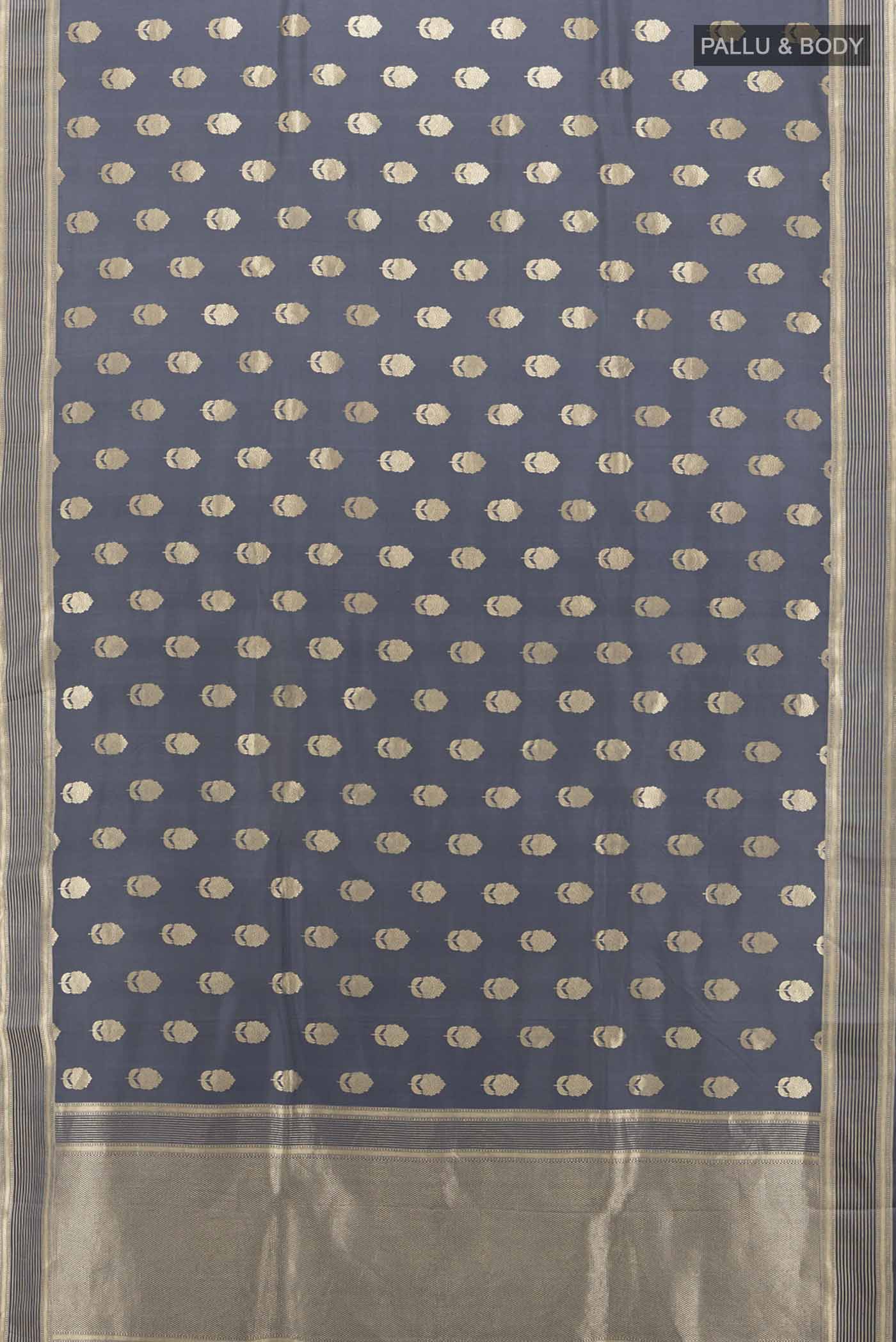 Flat view of Grey Banarasi Silk Saree with Zari Butta on the body and Silk Border