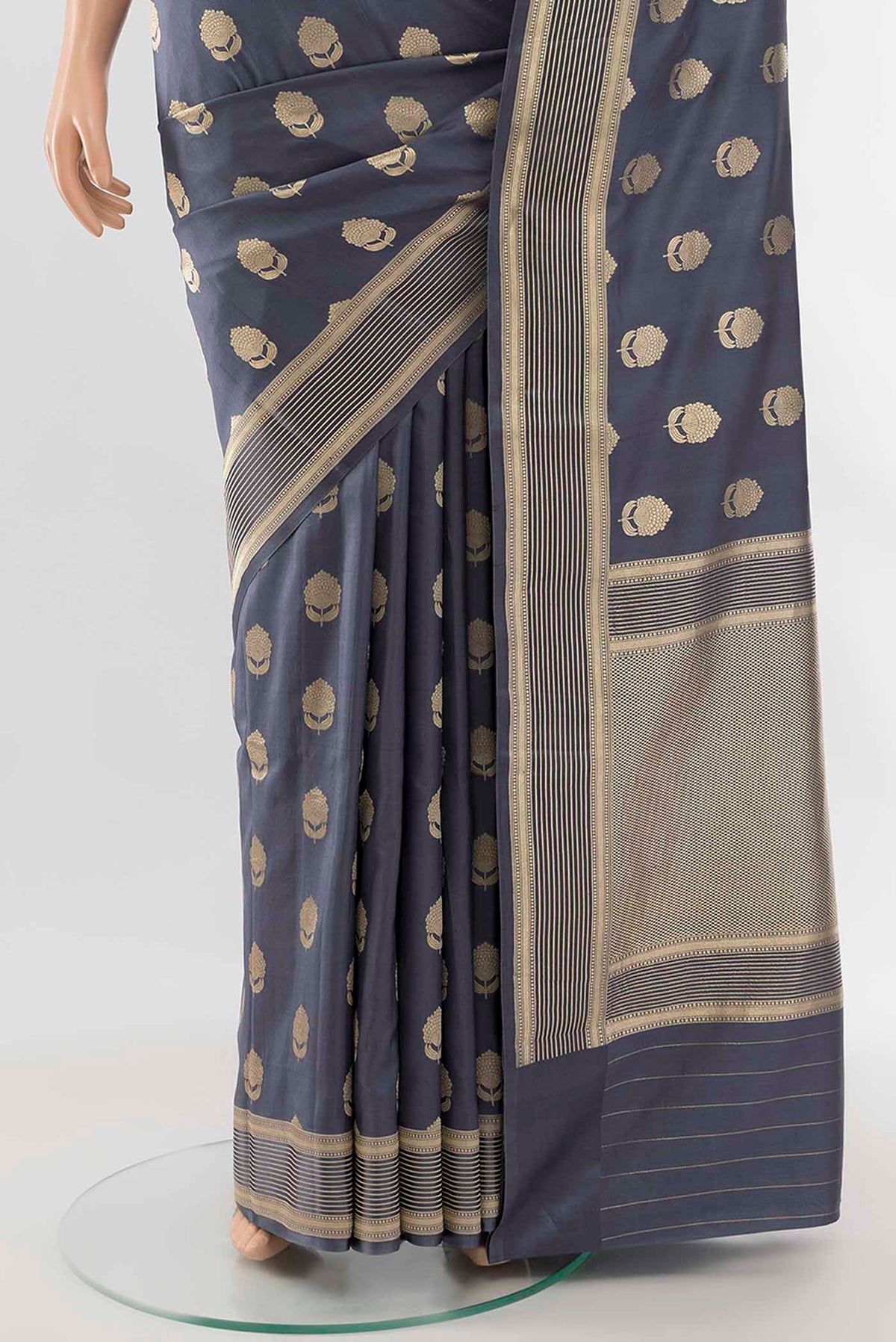 Pleats and pallu of Grey Banarasi Silk Saree with Zari Butta on the body and Silk Border