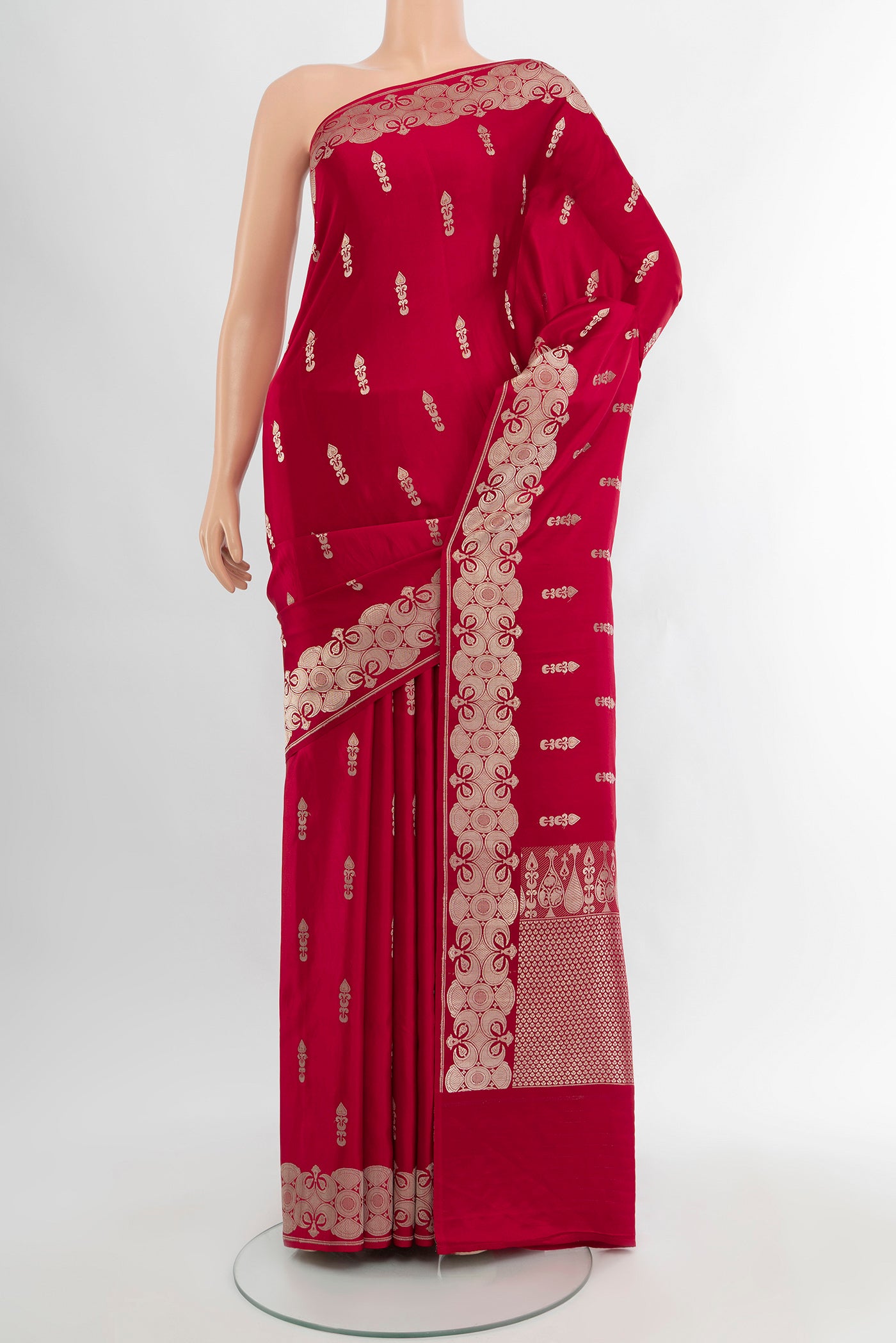 Red Banarasi Katan Silk Saree with Zari Butta on the body and Fancy Border.  displayed on a mannequin