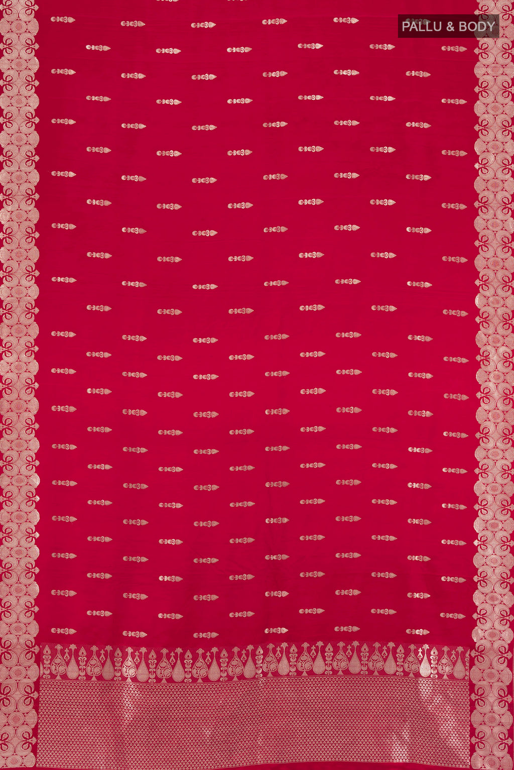 Flat view of Red Banarasi Katan Silk Saree with Zari Butta on the body and Fancy Border. 