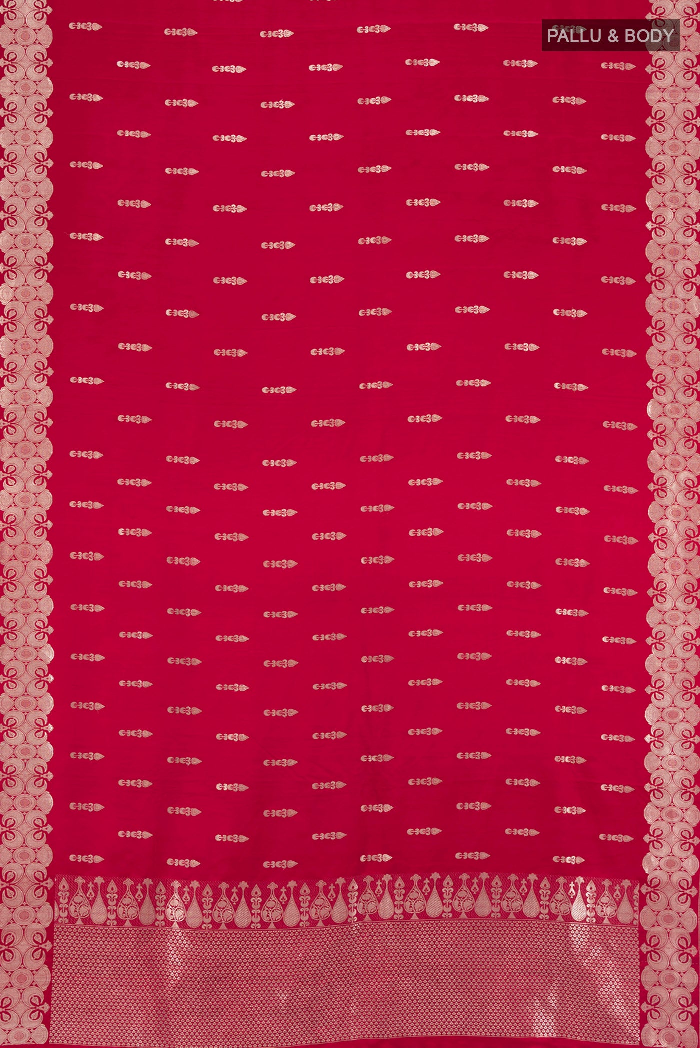 Flat view of Red Banarasi Katan Silk Saree with Zari Butta on the body and Fancy Border. 