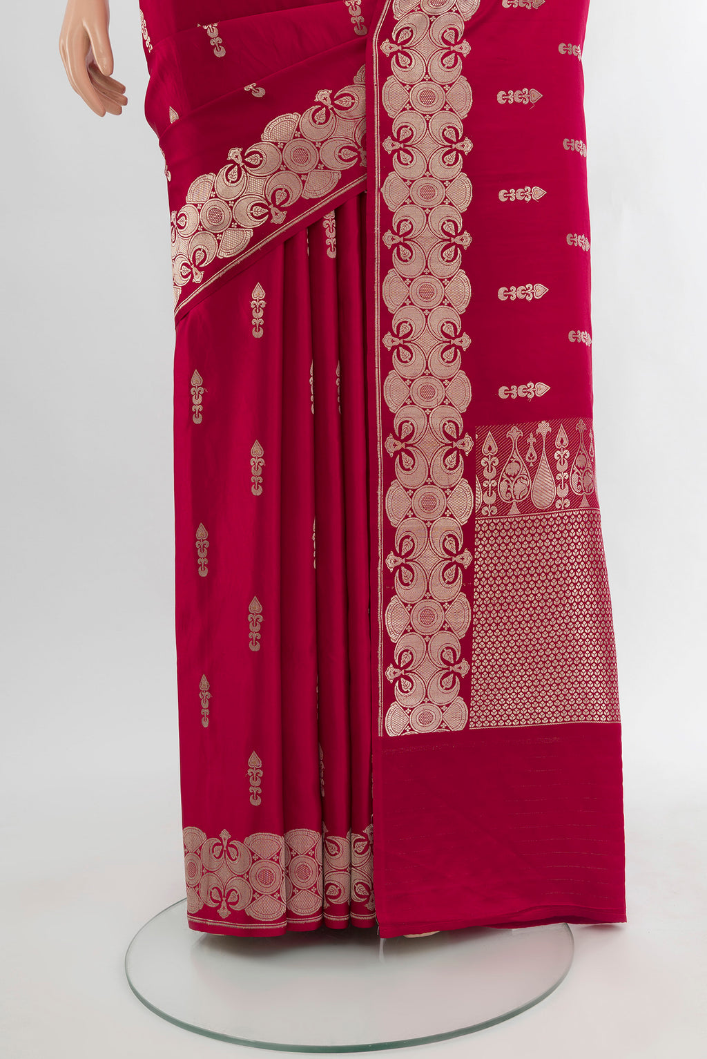 Pleats and pallu of Red Banarasi Katan Silk Saree with Zari Butta on the body and Fancy Border. 