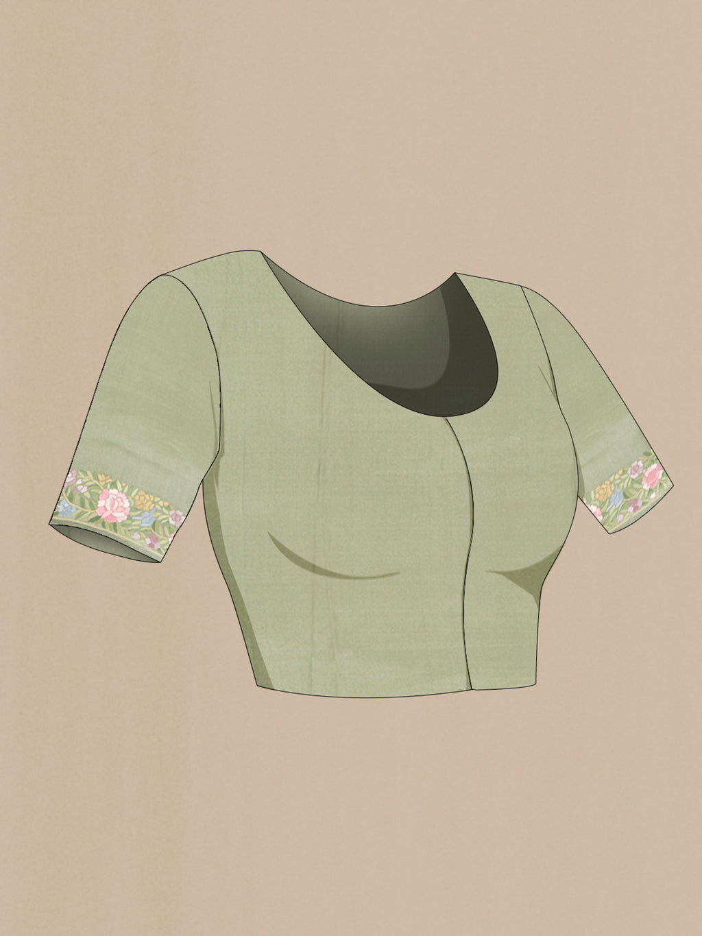 Close up image of the blouse of Pista Green Tussar Silk Saree with Embroidery on the body and Embroidery Border. 