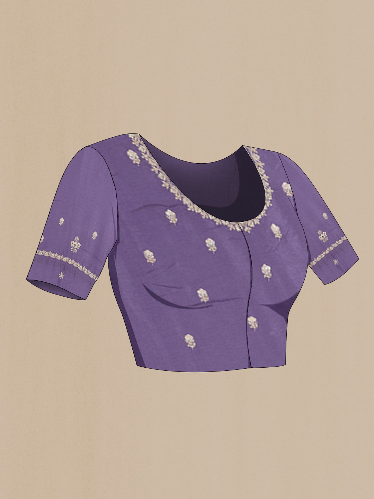 Close up image of the blouse of Lavender Tissue Silk Saree with Embroidery on the body and Embroidery Border. 