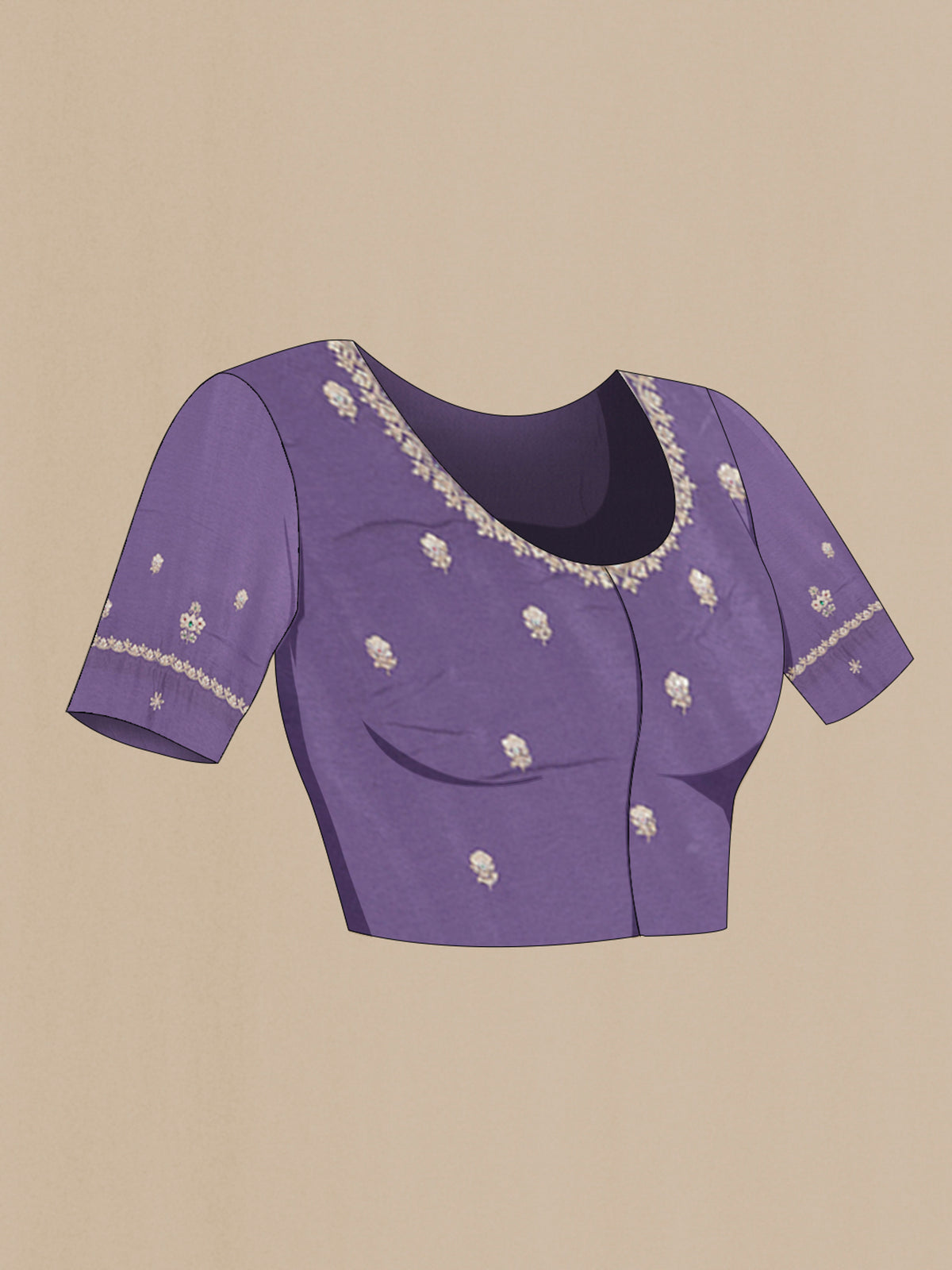 Close up image of the blouse of Lavender Tissue Silk Saree with Embroidery on the body and Embroidery Border. 