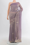 Lavender Tissue Silk Saree with Embroidery on the body and Embroidery Border.  displayed on a mannequin