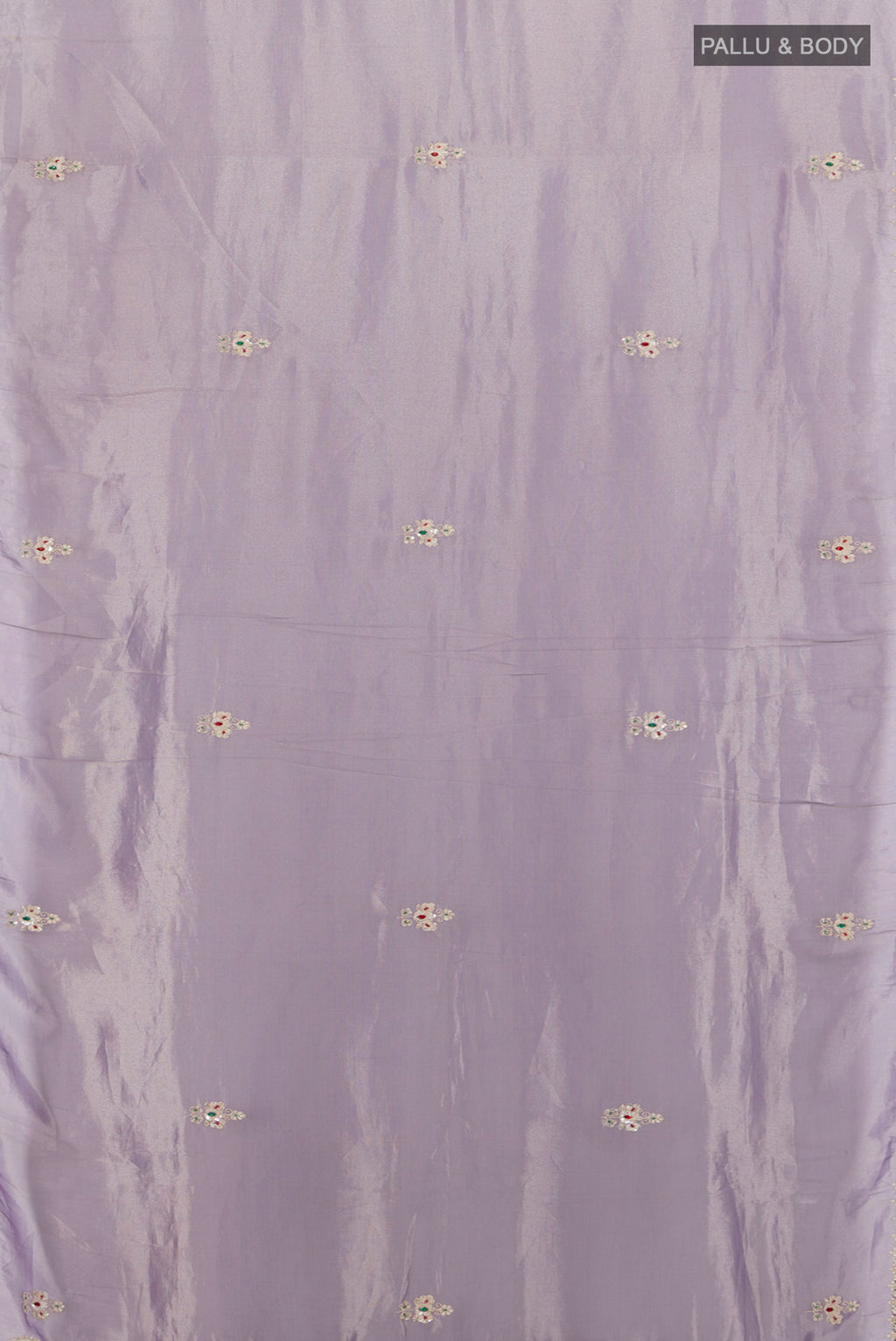 Flat view of Lavender Tissue Silk Saree with Embroidery on the body and Embroidery Border. 