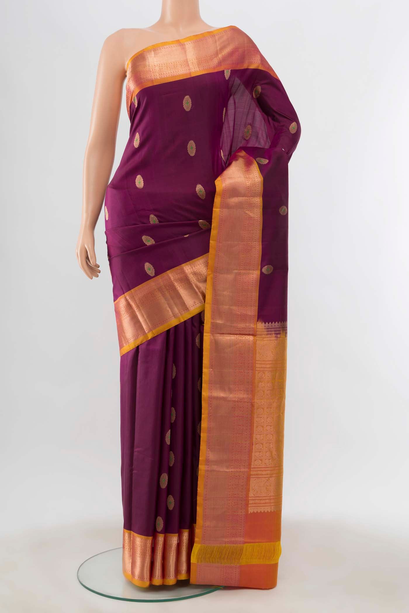 Purple Kanchipuram Silk Nine Yards Saree with Zari Butta on the body and Silk Border displayed on a mannequin