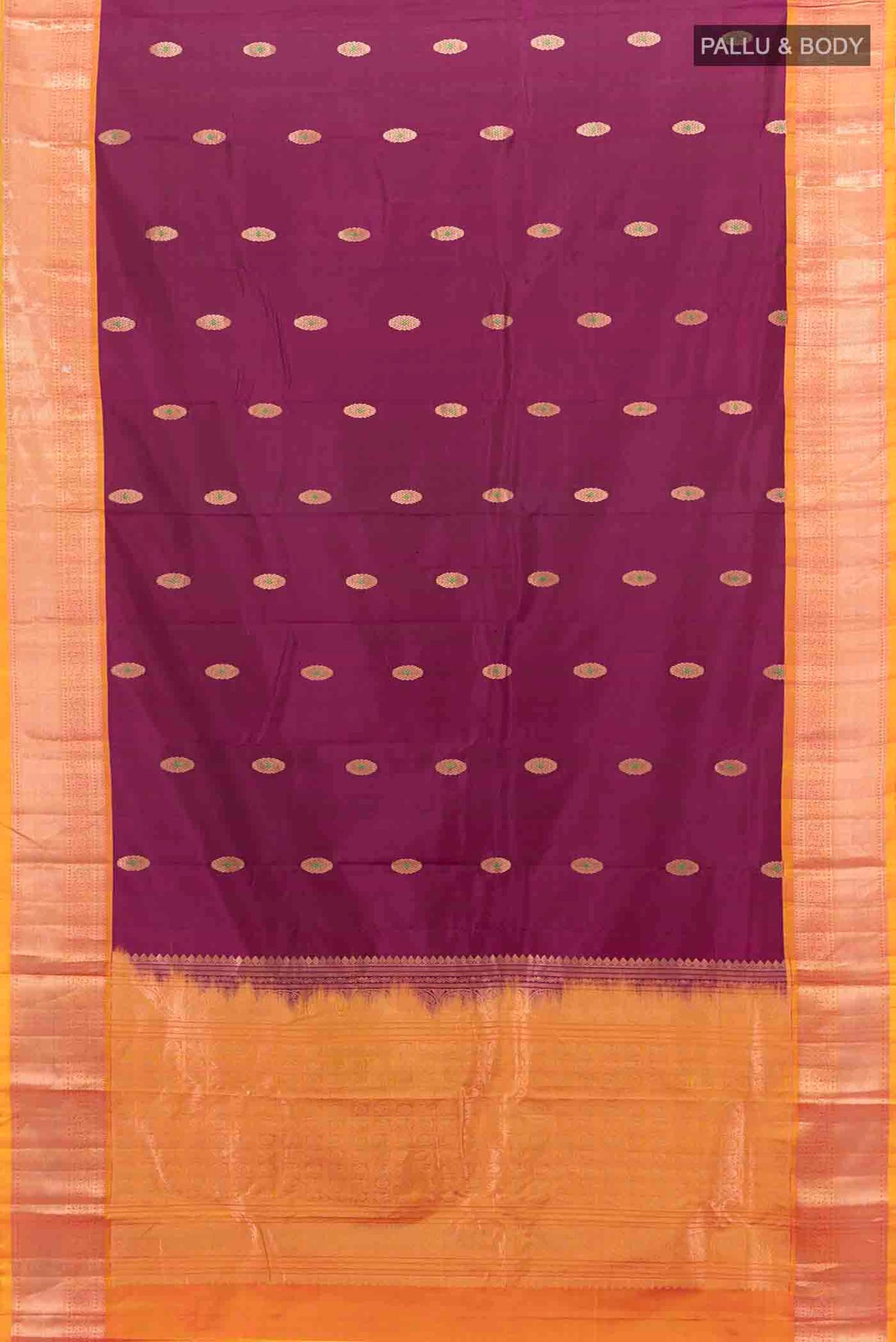 Flat view of Purple Kanchipuram Silk Nine Yards Saree with Zari Butta on the body and Silk Border