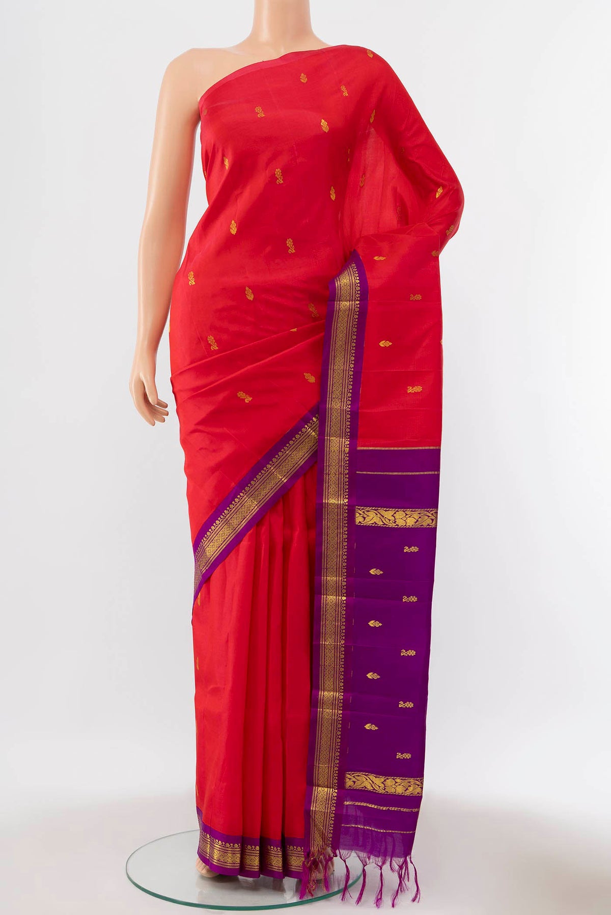 Pink Kanchipuram Silk Saree with Zari Butta on the body and Silk Border displayed on a mannequin